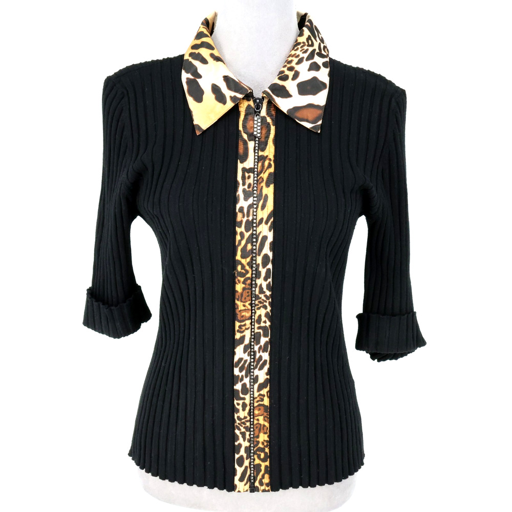 Fontana Sweater Top Womens XL Black Stretch Rib Knit Full Zip Blouse Cardigan